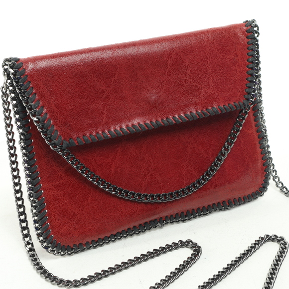 Vera Pelle Leather Chain Handle & Trim Purse Crossbody Bag 10x7x1 Red/Black - Picture 3 of 11